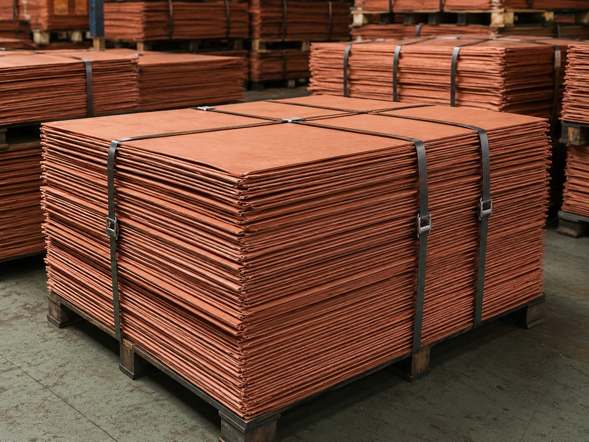 Copper cathodes stacked and bundled for industrial copper processing